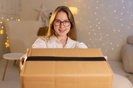girl received a parcel of cardboard boxes at home, online delivery, online shopping