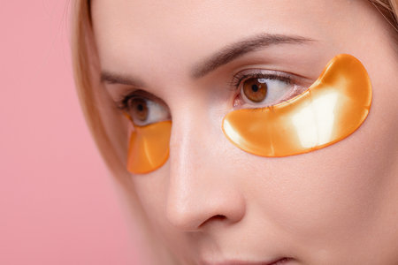 Portrait of pretty girl applying golden collagen patches under her eyes in an unusual way. Woman facial treatment. Cosmetology, beauty and skincare around eyes, preventing wrinkles.の写真素材