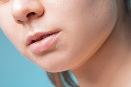 Girl with acne stick round acne patch on her cheek. Using acne patches for treatment of pimple and...