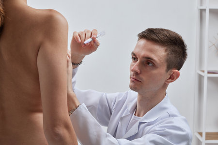 Breast Augmentation. Closeup Beautician Hands In Gloves Drawing Surgical Lines On Beautiful Woman Breast. Sexy Female Body With Black Marks On Breasts Before Plastic Surgery Operation. High Resolutionの写真素材