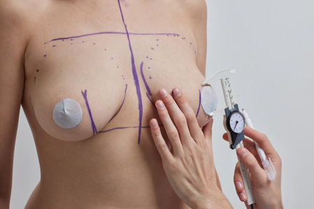 Breast Augmentation. Closeup Beautician Hands In Gloves Drawing Surgical Lines On Beautiful Woman Breast. Sexy Female Body With Black Marks On Breasts Before Plastic Surgery Operation. High Resolutionの写真素材