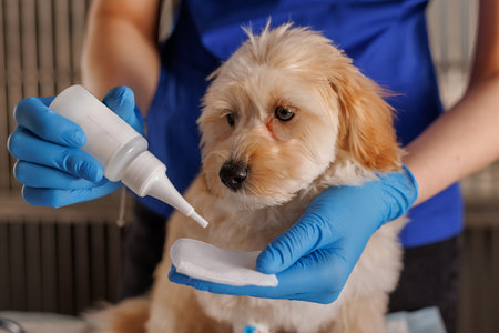 doctor veterinarian drops drops for dogs, sore dog ears, drops for caring for sore eyes of dogs, professional veterinary clinicの写真素材