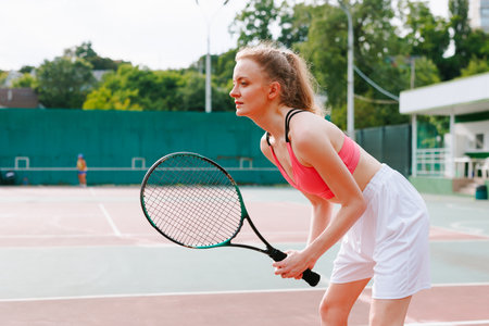 girl playing tennis on the court, tennis training, tennis tournament, happy tennis playerの写真素材