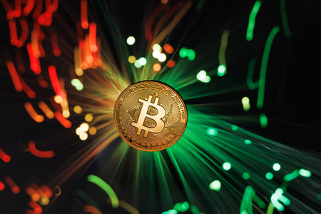 Glowing Bitcoin cryptocurrency against the background of fiber optic cables. Bitcoin digital cryptocurrency consisting of dots and lines, cryptocurrency mining. cryptocurrency exchangeの写真素材