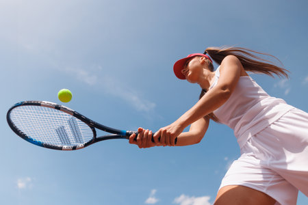 young tennis player playing tennis, bottom viewの写真素材