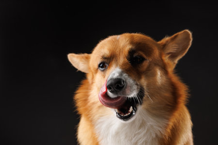 hungry pembroke welsh corgi dog licking lips waiting for treat from owner isolated on dark backgroundの写真素材
