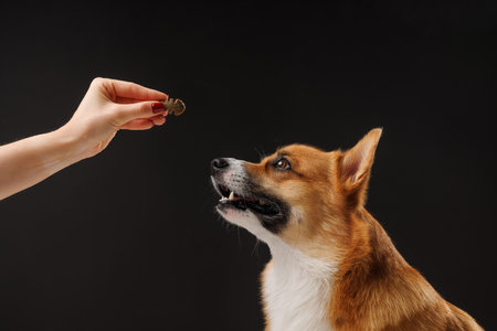 Welsh hungry Corgi Pembroke dog, for a treat by his owner, isolated on dark background, concept education and training of dogs
