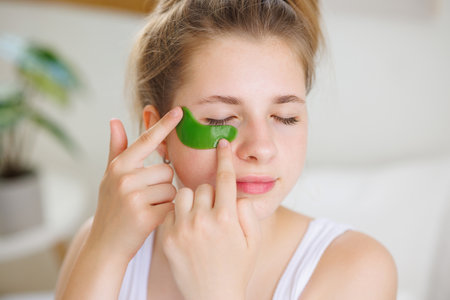 A young woman applying a green under-eye patch to reduce puffiness and dark circles.の写真素材