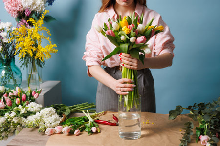 girl florist collects a bouquet of spring tulip flowers on a clean blue backgroundの写真素材