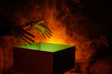 human hands taking out surprise from mysterious box on dark red background surrounded by smoke, mystery boxの写真素材