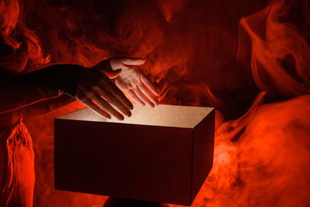 female hands reaching into magic box in red smoke, surprise concept,の写真素材
