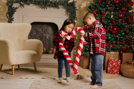Happy asian children playing with big sweet lollipop candies in cozy room decorated with christmas tree and garlandsの写真素材