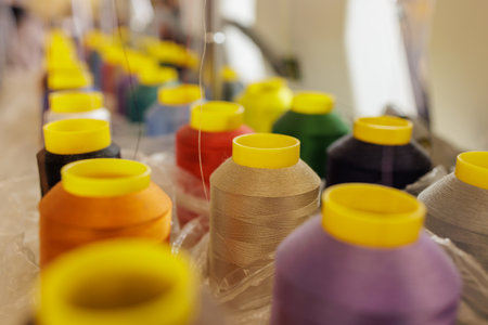 Textile factory, multi-colored spools of colored threads in production, weaving machine,