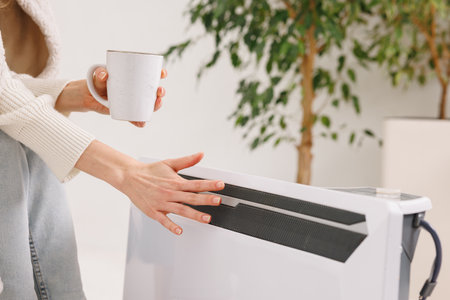 Woman warming hands near electric heater at home. Using heater at home in winter. Woman warming her hands. Heating season.の写真素材