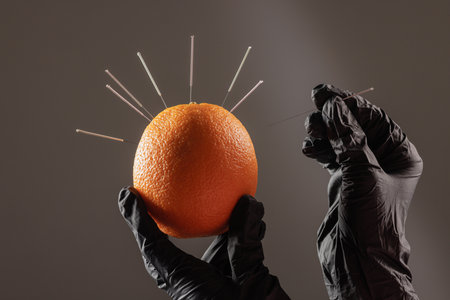 concept dry needling method. Acupuncture training concept. Black-gloved hands insert fine needles into an orange to practice needling techniques in alternative medicine.の写真素材