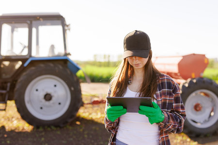 a girl agronomist with a tablet manages agribusiness against the background of a tractor, modern agribusinessの写真素材