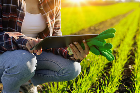 young female farmer with a tablet in her hands examines the green field. Modern technologies in agriculture management and agribusiness conceptの写真素材