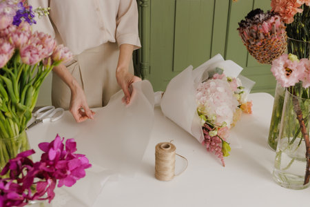Florist wrapping a fresh bouquet in elegant paper, preparing a stylish floral arrangement for gifting or sale. flower shopの写真素材