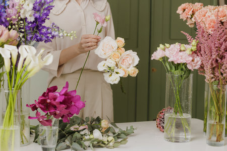 Female florist creating a delicate bouquet with fresh flowers in a floral workshop, surrounded by...