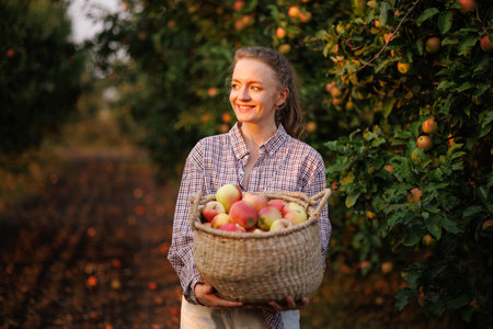 Smiling woman holding a basket of freshly picked apples in orchard during autumn harvest at sunset.