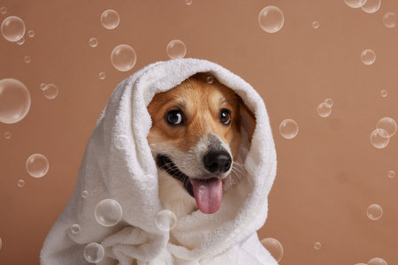 Adorable Corgi wrapped in a white towel after bath, with soap bubbles floating around, against brown background.の写真素材