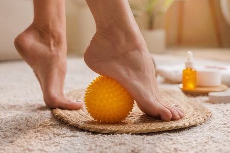 Foot massage with a spiky yellow ball on a cozy mat. Home spa scene with oils and cream. Skin, muscle, and pressure point care.の写真素材
