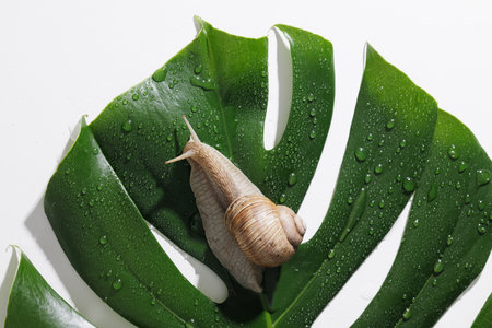 Snail on dewy green monstera leaf over clean white background. Macro nature photo highlighting...