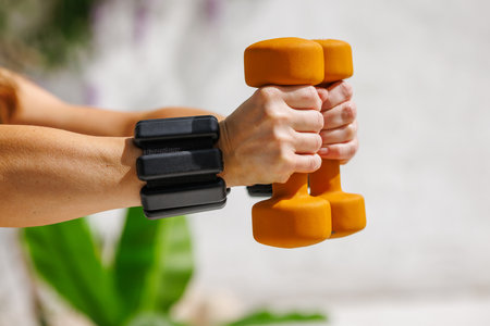 Hands holding orange dumbbells with black wrist weights, representing strength, fitness, and determination in an outdoor workout.の写真素材
