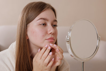 Teenager with acne inspects her face in the mirror, focusing on skin problems, pimples, and personal skincare challenges.の写真素材