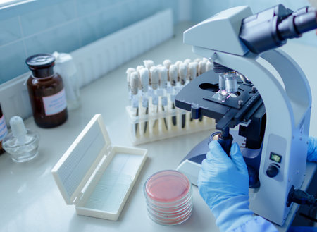 Gloved scientist adjusting microscope with petri dishes and test tubes in laboratory for...