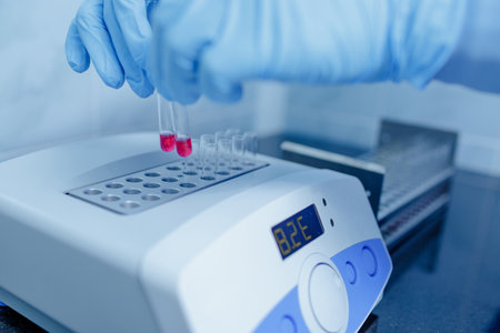 Lab technician in gloves placing blood samples into a digital analyzer for medical diagnostics and scientific research in a modern laboratoryの写真素材