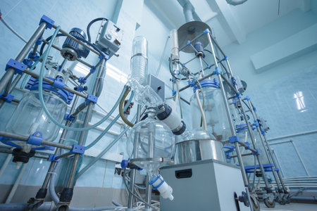 Industrial lab with large glass reactors and distillation equipment for scientific chemical research and pharmaceutical productionの写真素材