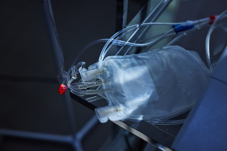 blood bag of saline solution for blood transfusion bagの写真素材