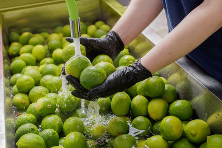 Worker washing fresh limes in a commercial kitchen for food safety and hygiene in the citrus processing industryの写真素材