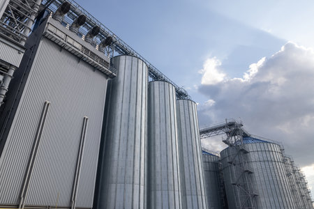 Large metal grain silos at a modern storage and logistics facility. Industrial agriculture...