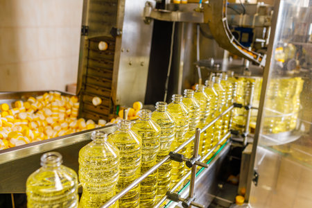 Automated sunflower oil production line in a modern factory with transparent bottles and advanced bottling machineryの写真素材