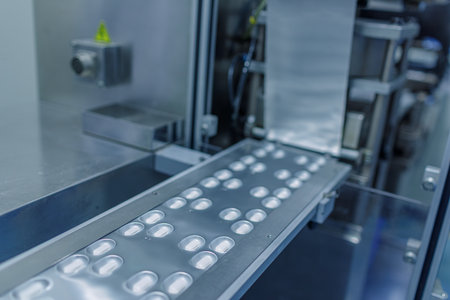 Automated pharmaceutical tablet packaging line in a sterile cleanroom, showcasing modern drug...