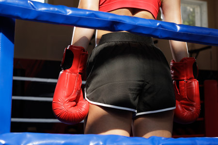 Back view of a boxer in red gloves at the ropes, ready for the next round; ideal for training, sport, fitness and fight promotions.の写真素材