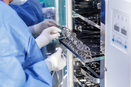Gloved healthcare worker loads stainless instruments into an autoclave cabinet for aseptic...