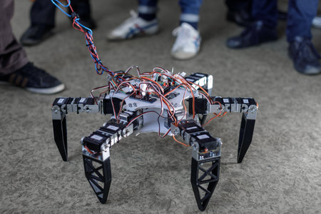 Legged robot with visible servos and wiring demonstrated by students in a STEM workshop, ideal for...