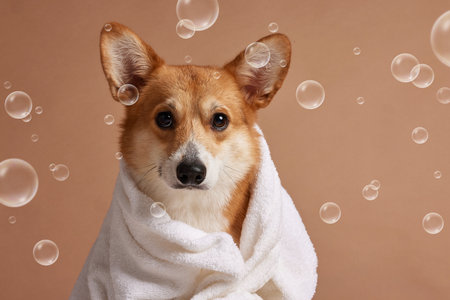 Corgi wrapped in a towel with soap bubbles in a studio scene, illustrating pet grooming, cleanliness, wellness, and copy space for advertising.の写真素材