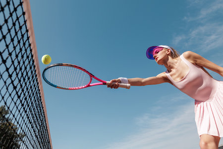 Low angle action of woman tennis athlete reaching to volley at the net with racquet and ball against blue sky training and focusの写真素材