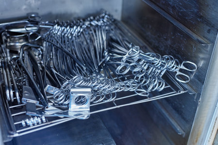 Surgical medical instruments close up in disinfection cabinet, selective focus.の写真素材