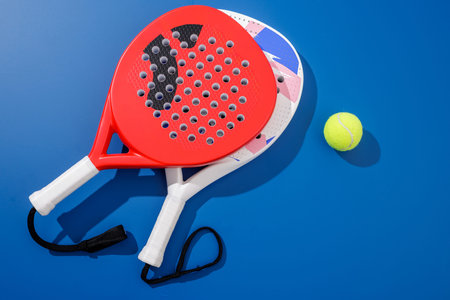 Flat lay of padel tennis rackets and ball on blue background. Ideal for advertising banners, sports websites, and promotional visual content.の写真素材