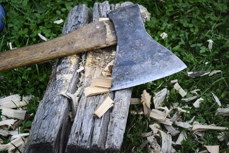 Ax with wood chips. horizontal pictureの写真素材