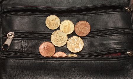 euro cents a black purse, currency, money, smallの写真素材