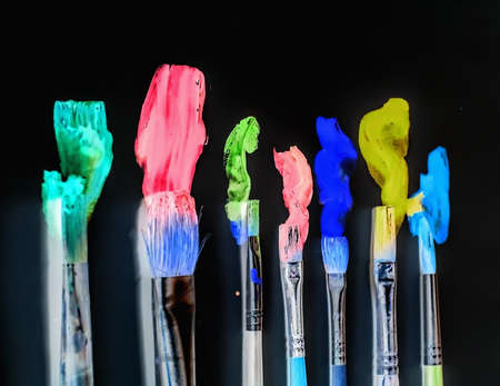 brush art painting on white paper, close-up. artist, a set of ideas of creative inspiration.の写真素材