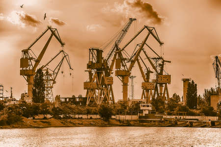 Elevating complex for transshipment of grain and oilseeds as part of a reloading terminal. Transportation of agricultural products and port cranes - Imageの写真素材