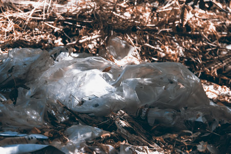environmental pollution by plastic. Ecological catastrophy. Fight and ban on plasticの写真素材