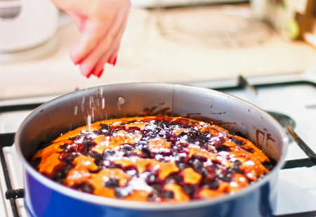 hand sprinkle cake with powdered sugar. selective focus